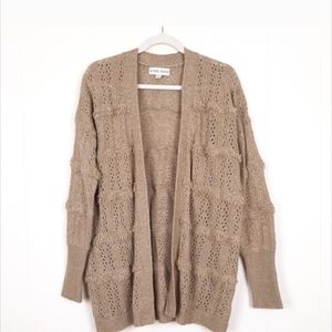 Knox Rose bohemian shag pointelle knit open front long slouchy cardigan tan fall